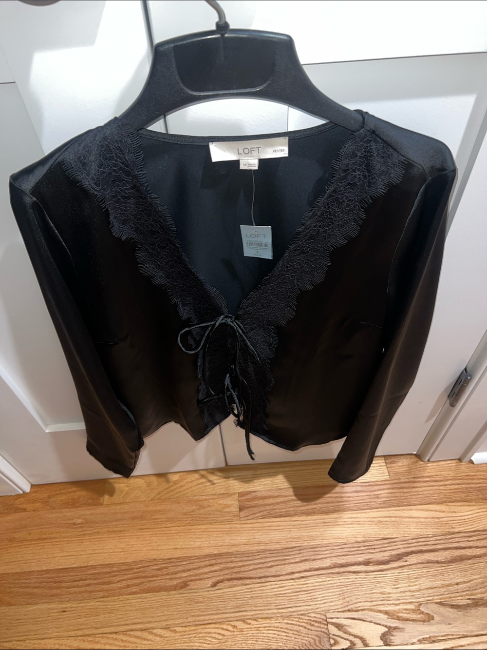 Loft Petite Lace Trimmed Satin Bow Blouse NWT